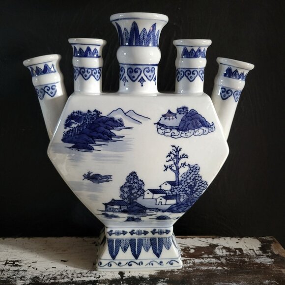 Vintage Two's Company Blue Chinoiserie Tulipiere Tulip / Bud Vase / Flower Vase - Picture 4 of 7